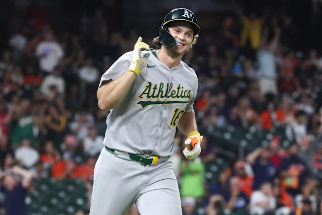 Nick Kurtz celebrating after hitting one of four home runs during a record-breaking game for the Oakland Athletics.